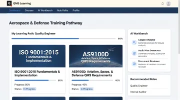 QMS Learning Aerospace and Defense training pathway dashboard with ISO 9001 and AS9100D courses