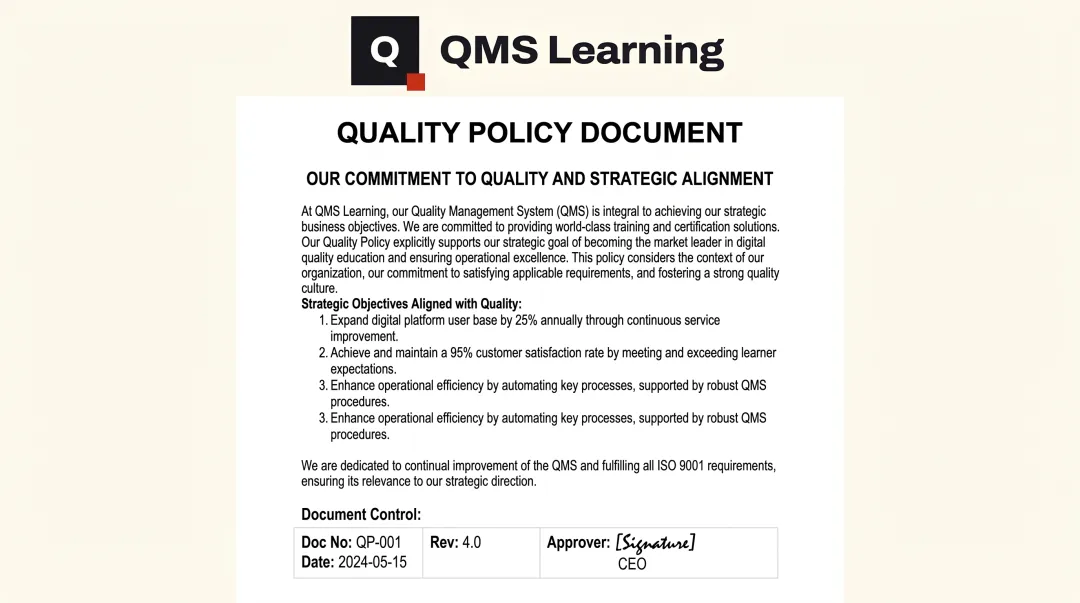 Updated quality policy document explicitly linking organizational context to strategic business direction