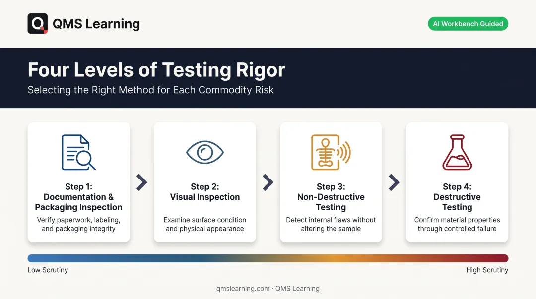 Four-step counterfeit materiel inspection and testing techniques process flow