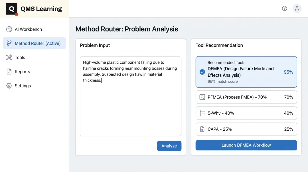 QMS Learning AI Workbench interface routing engineers to correct FMEA tool