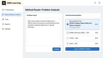QMS Learning AI Workbench interface routing engineers to correct FMEA tool