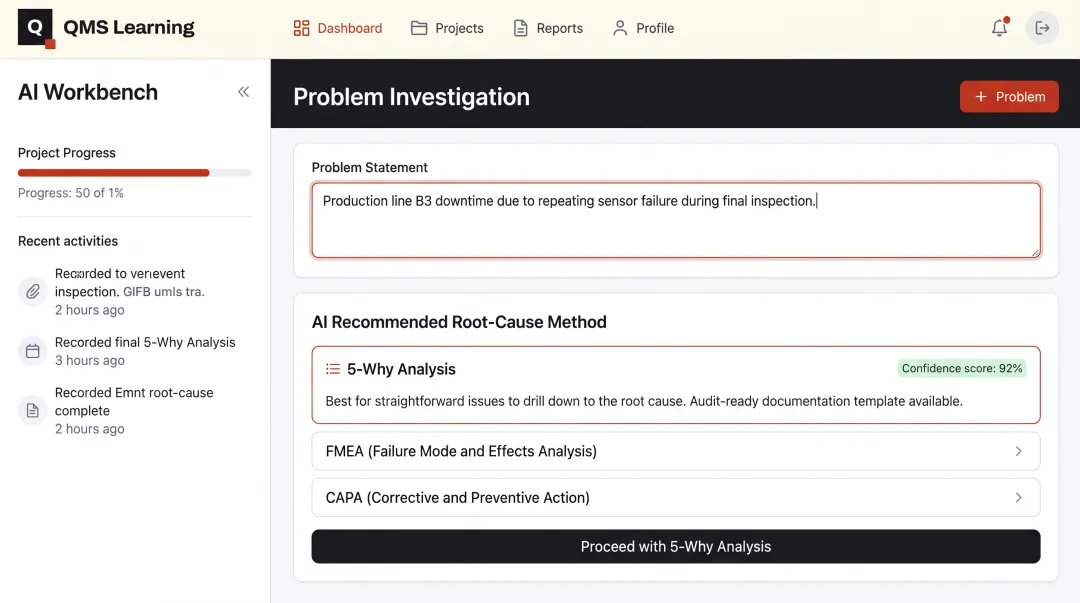 QMS Learning AI Workbench interface diagnosing root cause analysis method