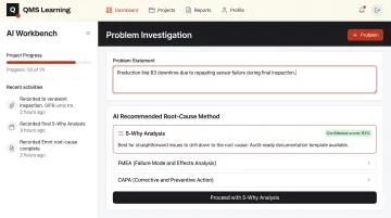 QMS Learning AI Workbench interface diagnosing root cause analysis method