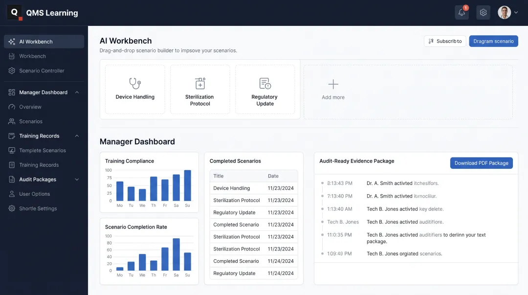 QMS Learning platform dashboard displaying training records and audit evidence exports