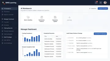 QMS Learning platform dashboard displaying training records and audit evidence exports
