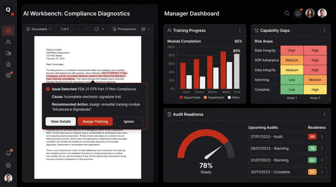 QMS Learning platform AI Workbench and Manager Dashboard interface screenshot