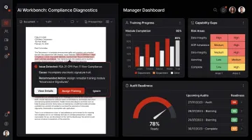 QMS Learning platform AI Workbench and Manager Dashboard interface screenshot