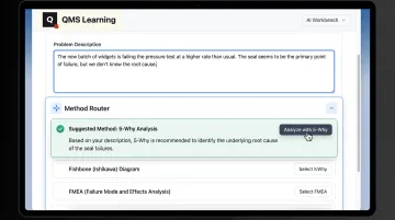 QMS Learning AI Workbench interface recommending root cause analysis method