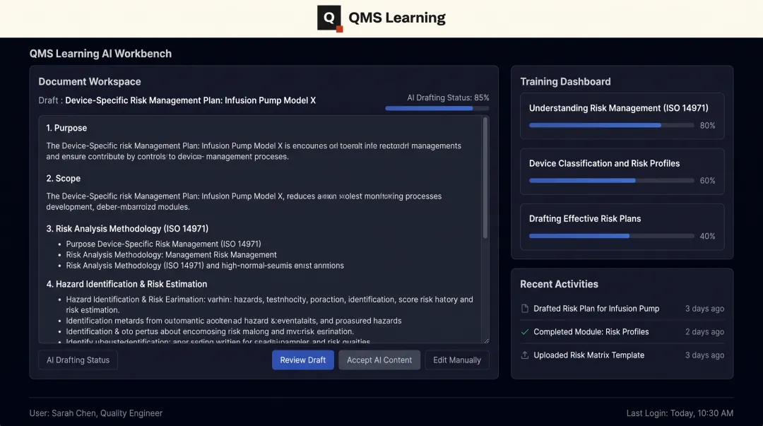 QMS Learning AI Workbench interface for drafting device-specific risk management plans