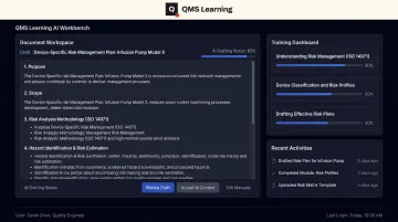 QMS Learning AI Workbench interface for drafting device-specific risk management plans