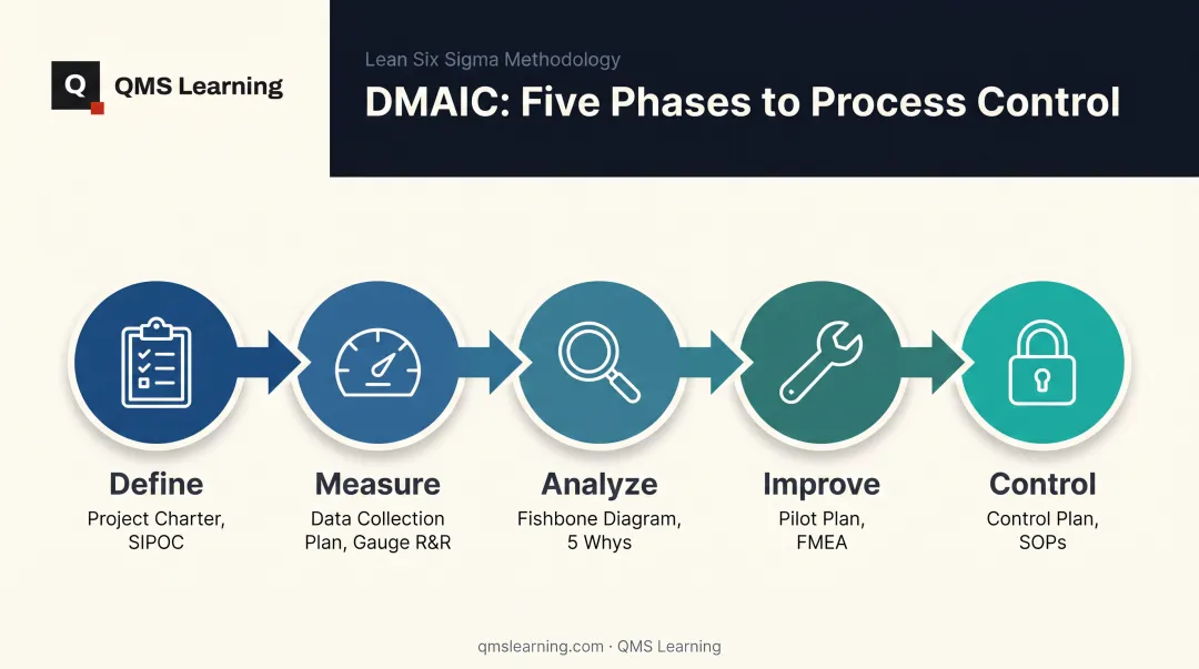 5-phase DMAIC process flow showing required templates per phase