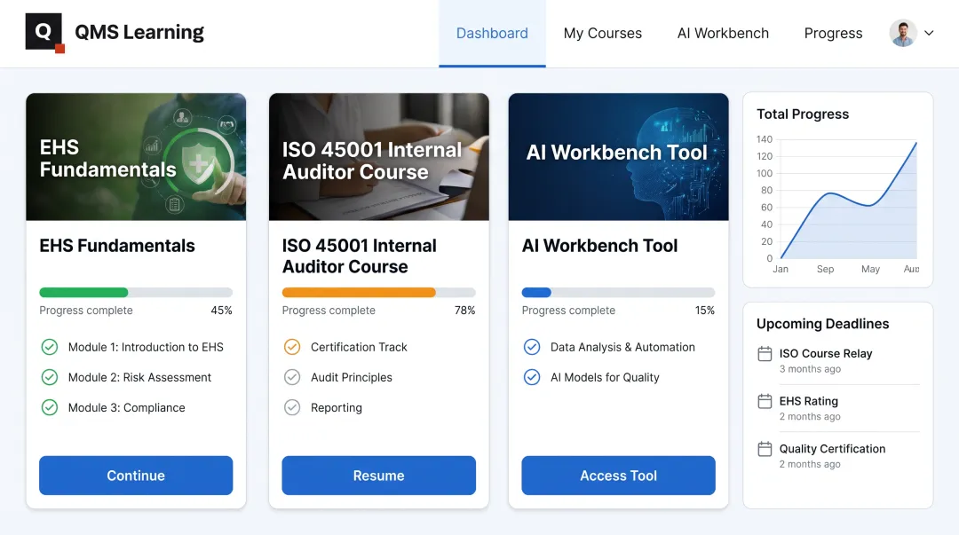 QMS Learning online training platform dashboard ISO 45001 courses