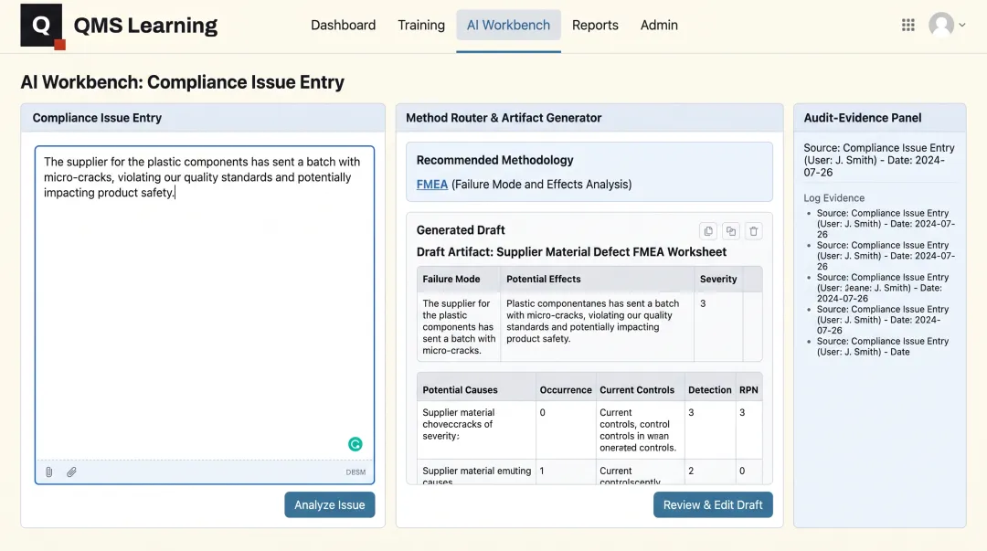 QMS Learning AI Workbench interface diagnosing compliance issue with Method Router