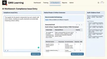 QMS Learning AI Workbench interface diagnosing compliance issue with Method Router