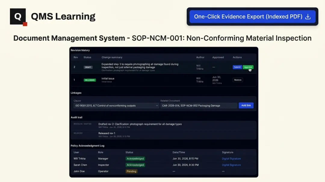 QMS Learning document management system audit trail and evidence export interface