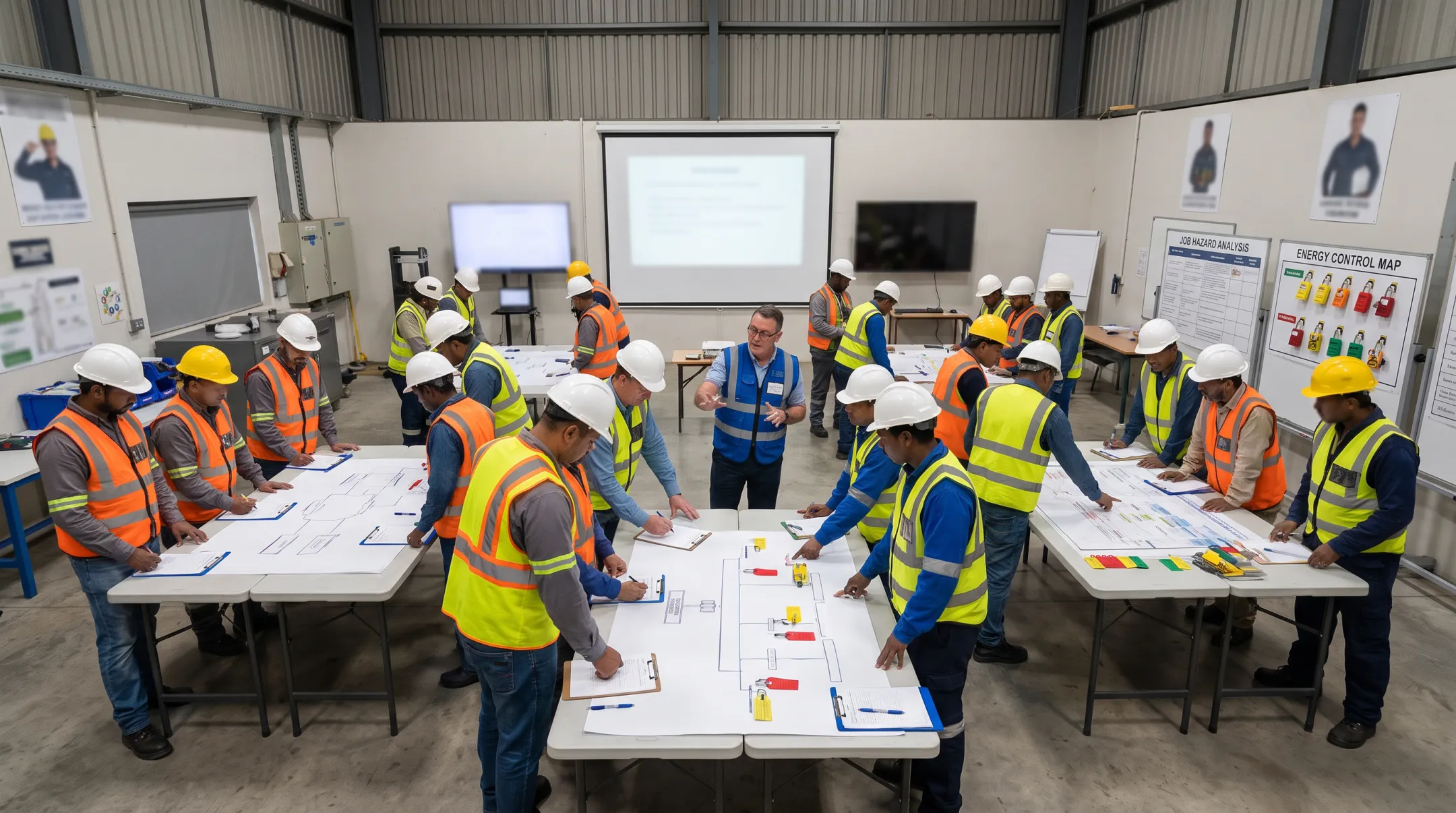 EHS learners practicing job hazard analysis and LOTO mapping