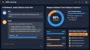 QMS Learning AI Workbench dashboard generating audit-ready quality documentation