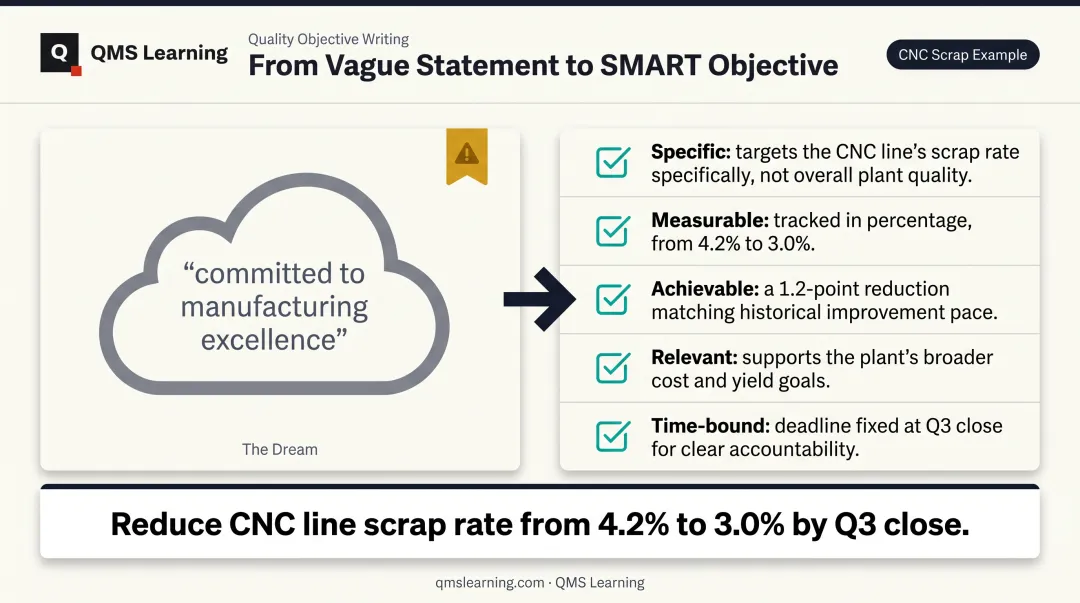 SMART criteria transformation from vague statement to measurable CNC scrap objective
