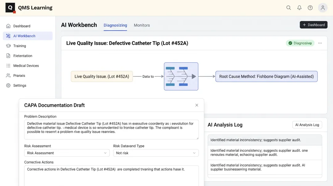 QMS Learning AI Workbench interface generating audit-ready CAPA documentation