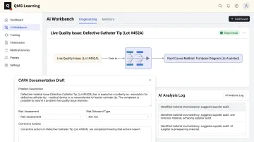 QMS Learning AI Workbench interface generating audit-ready CAPA documentation