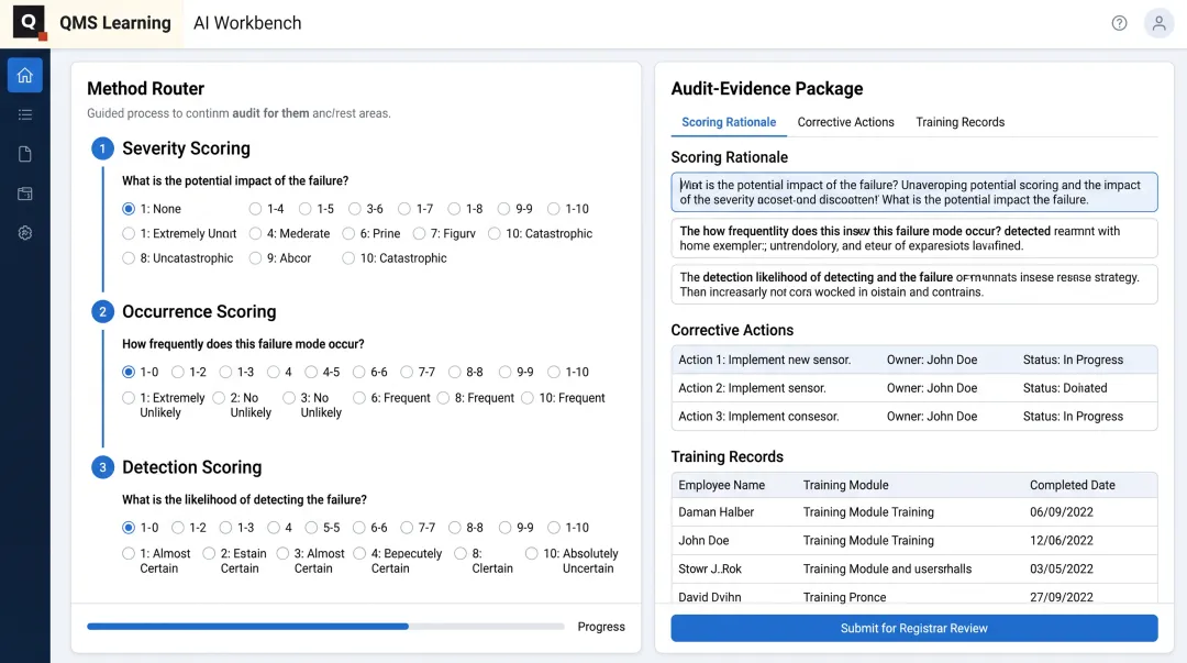 QMS Learning AI Workbench dashboard displaying compiled audit evidence package