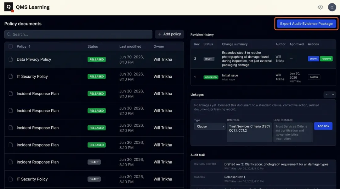 QMS Learning document management system dashboard showing revision control features