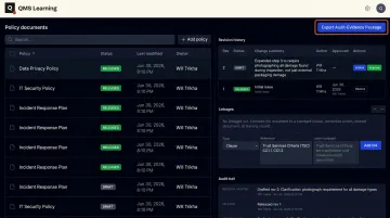 QMS Learning document management system dashboard showing revision control features