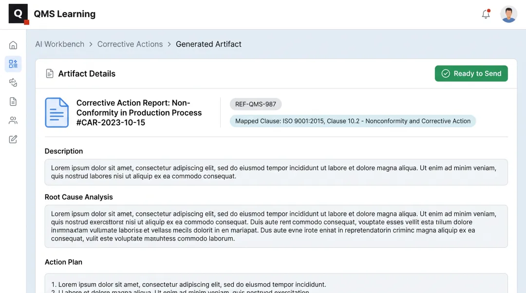 AI Workbench generated CAPA artifact mapped to AS9100D compliance clause