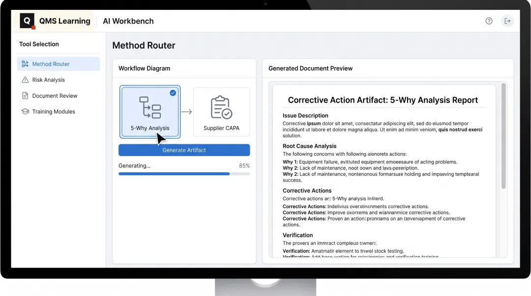 AI Workbench interface displaying automated root cause and CAPA generation tools