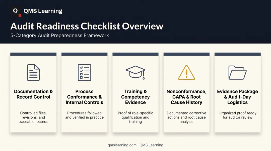 5-category manufacturing audit readiness checklist overview infographic