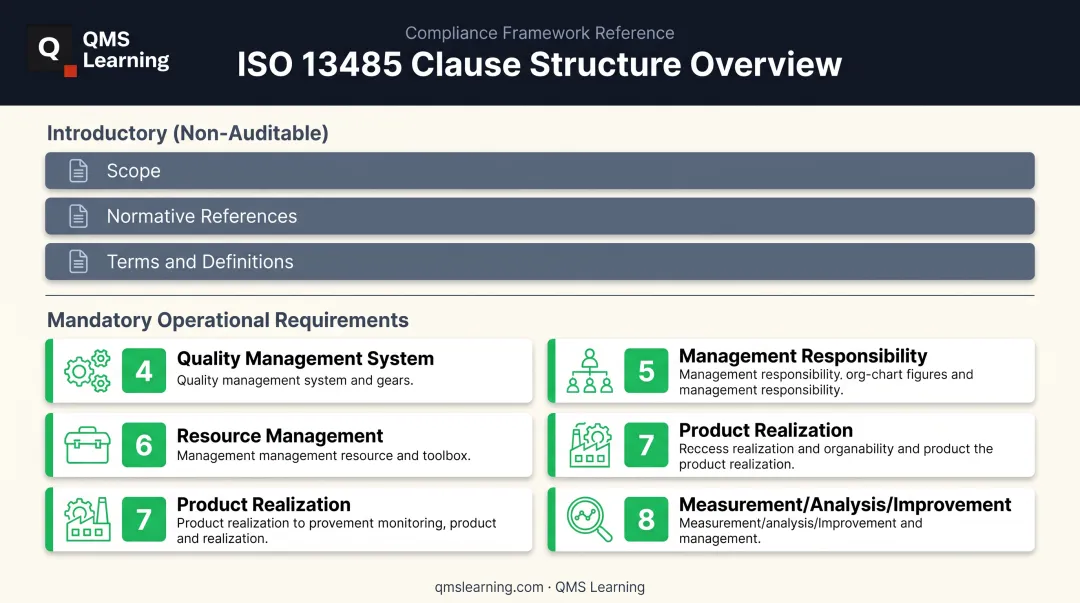 ISO 13485 eight clause structure overview showing mandatory operational clauses
