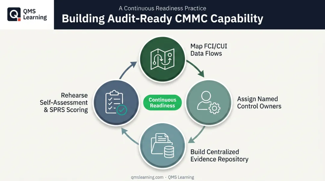 Four-step CMMC audit readiness checklist process flow diagram