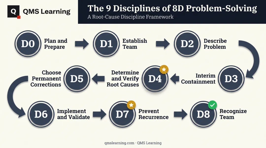 D0 through D8 nine-step 8D problem solving process flow diagram