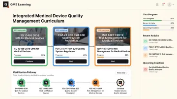 QMS Learning integrated medical device compliance training curriculum dashboard