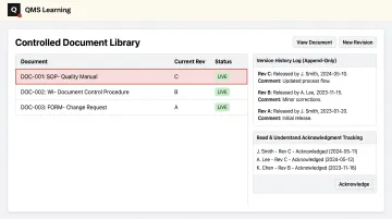 QMS Learning Document Management System interface showing controlled document revisions