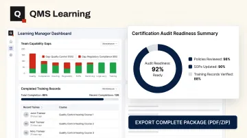 QMS Learning Manager Dashboard tracking certification readiness and training gaps