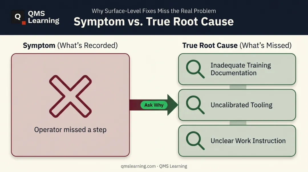 Symptom versus true root cause comparison example in CAPA investigation