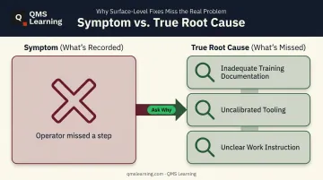 Symptom versus true root cause comparison example in CAPA investigation