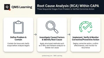 3-step root cause analysis process flow within the CAPA workflow