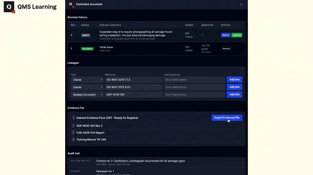QMS Learning controlled document system dashboard showing clause mapping and audit trail