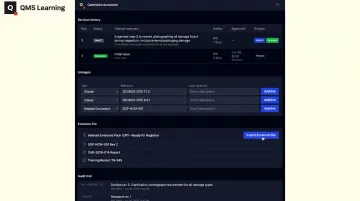 QMS Learning controlled document system dashboard showing clause mapping and audit trail