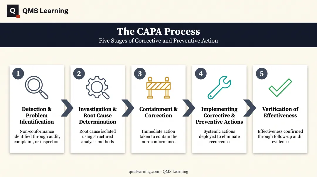 5-step CAPA process flow from detection to verification of effectiveness