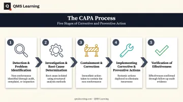 5-step CAPA process flow from detection to verification of effectiveness