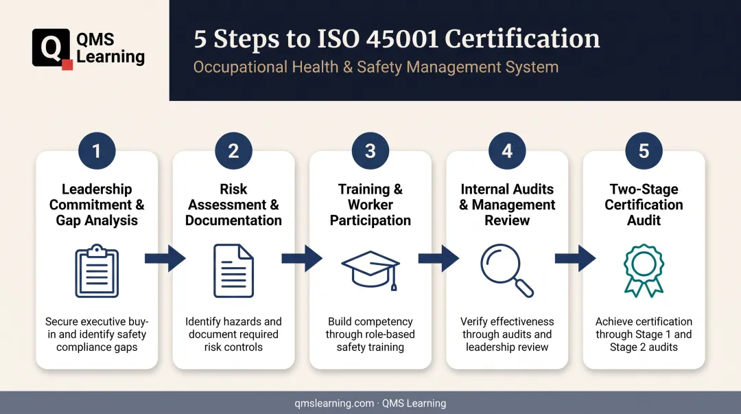 5-step ISO 45001 certification process from gap analysis to audit