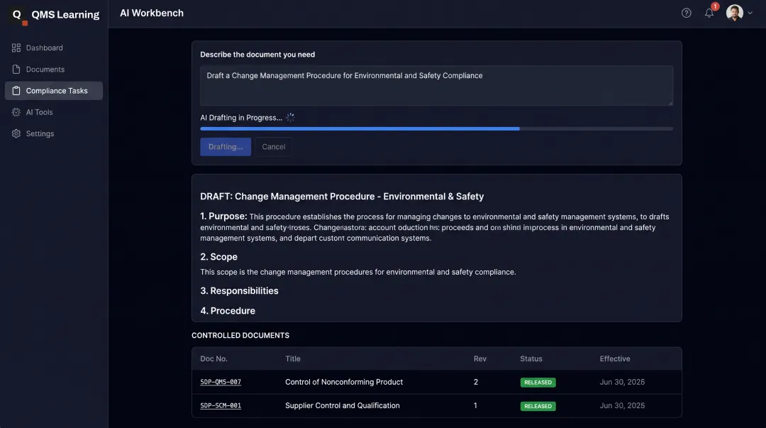 QMS Learning AI Workbench interface drafting ISO compliance documentation
