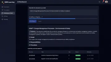 QMS Learning AI Workbench interface drafting ISO compliance documentation