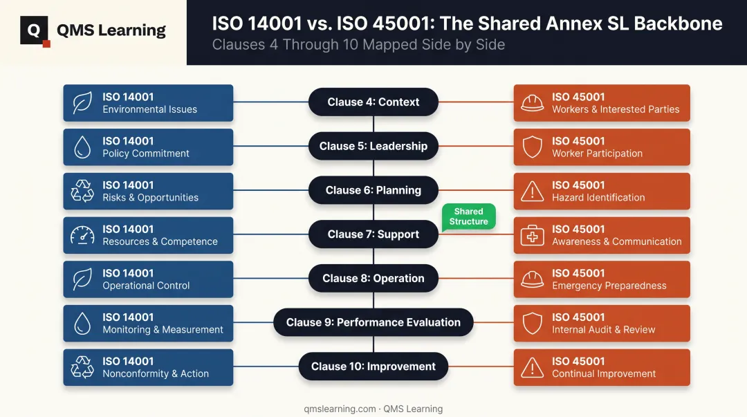 ISO 14001 and ISO 45001 shared Annex SL clause structure comparison