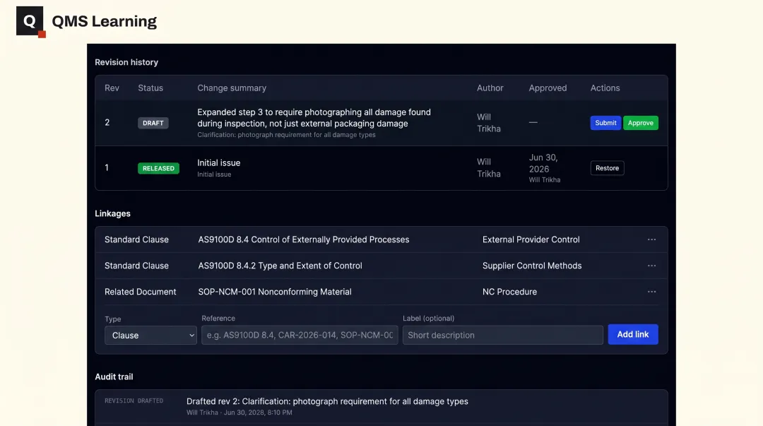 Document management system interface showing revision history and clause mapping