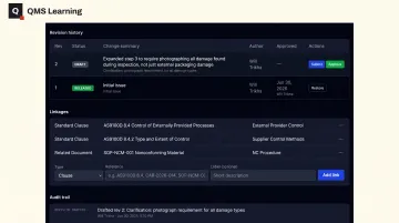 Document management system interface showing revision history and clause mapping