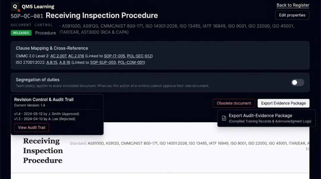 QMS Learning document management dashboard displaying audit evidence package export